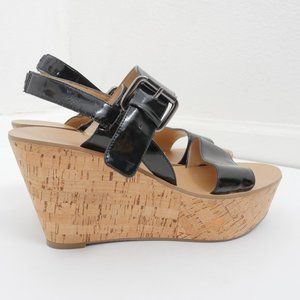 Marc Fisher Strappy Black Patent Faux Leather Platform Cork 4" SZ 8 1/2 Sandals